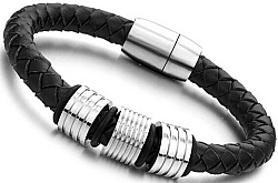 Troli Leather Fekete bőr karkötő acél dísszel
